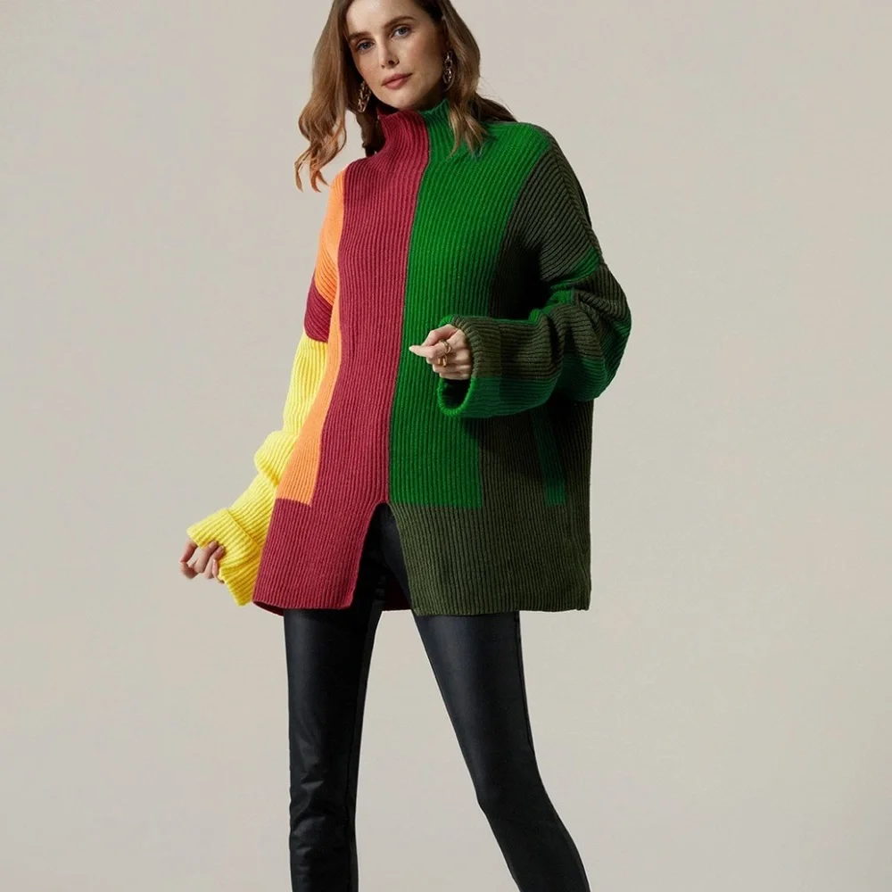 Color Block Turtleneck Urban Long Sleeve Sweater - Picture 3 of 13
